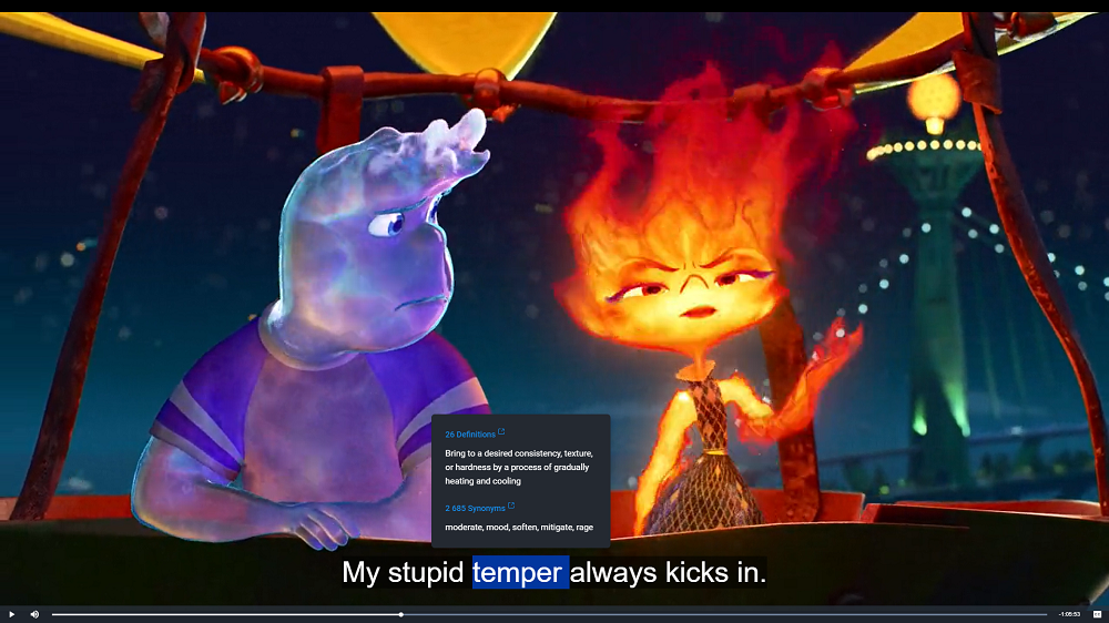 تعریف کلمه‌ی temper داخل زیرنویس فیلم انیمیشنی Elemental با استفاده از افزونه‌ی Power Thesaurus مرورگر